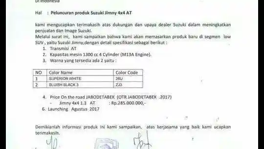 Foto - Suzuki Jimny Hanya Akan Punya 2 Pilihan Warna dan 1 Transmisi