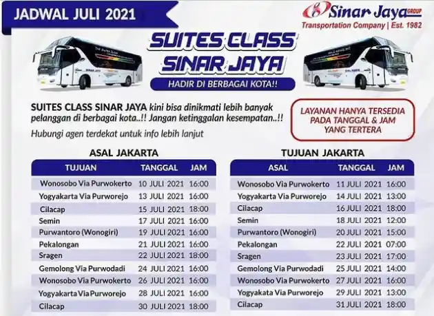 Foto - Ini Jadwal Bus Suites Class PO Sinar Jaya Bulan Juli, Ke Mana Saja?