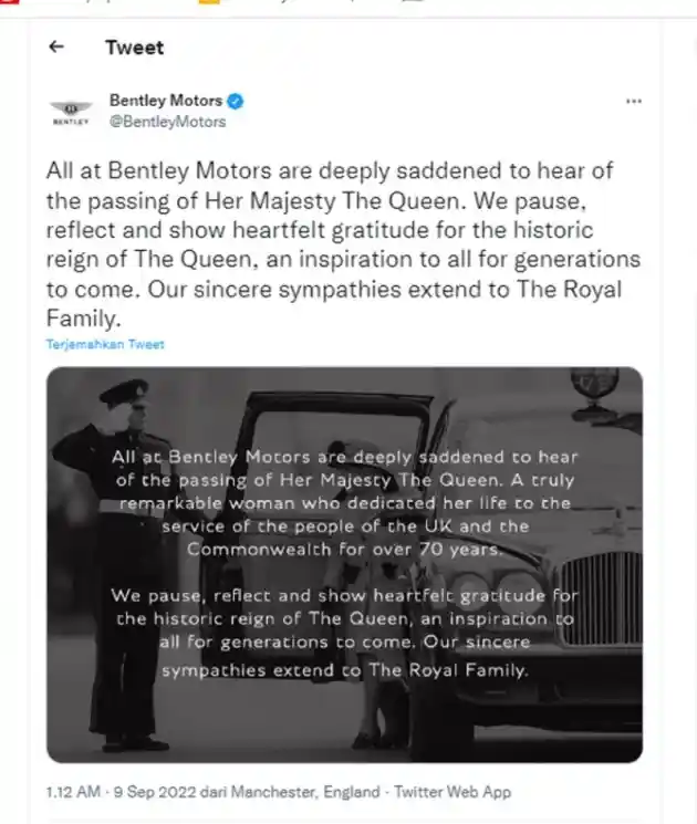 Foto - Ratu Elizabeth II Meninggal, Para Produsen Mobil Inggris Ucapkan Bela Sungkawa